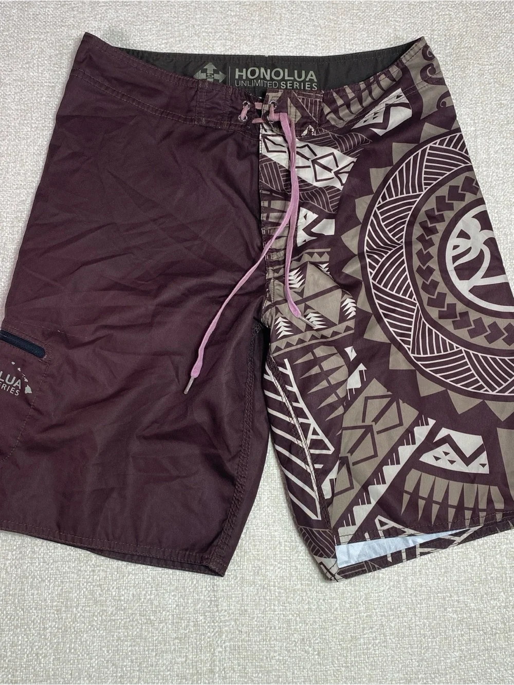 Honolua Unlimited Series Men’s Board Shorts 32 Brown Tribal Print Surf Swim
